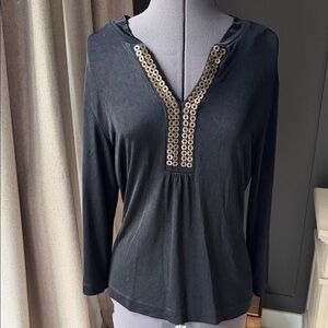 Chicos Travelers Black Blouse with Gold Metal Detailing Size 1 US 8 Medium